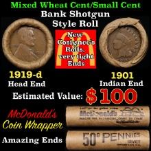 Small Cent Mixed Roll Orig Brandt McDonalds Wrapper, 1919-d Lincoln Wheat end, 1901 Indian other end
