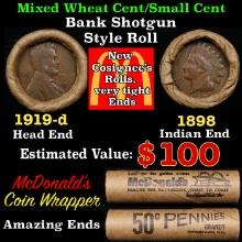 Small Cent Mixed Roll Orig Brandt McDonalds Wrapper, 1919-d Lincoln Wheat end, 1898 Indian other end