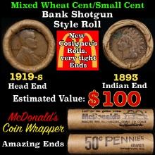 Small Cent Mixed Roll Orig Brandt McDonalds Wrapper, 1919-s Lincoln Wheat end, 1905 Indian other end