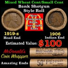 Small Cent Mixed Roll Orig Brandt McDonalds Wrapper, 1919-s Lincoln Wheat end, 1906 Indian other end