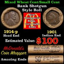 Small Cent Mixed Roll Orig Brandt McDonalds Wrapper, 1914-p Lincoln Wheat end, 1901 Indian other end