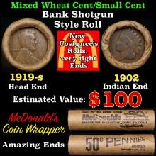 Small Cent Mixed Roll Orig Brandt McDonalds Wrapper, 1919-s Lincoln Wheat end, 1902 Indian other end