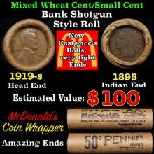 Small Cent Mixed Roll Orig Brandt McDonalds Wrapper, 1919-s Lincoln Wheat end, 1895 Indian other end