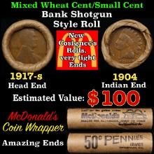 Small Cent Mixed Roll Orig Brandt McDonalds Wrapper, 1917-s Lincoln Wheat end, 1904 Indian other end