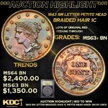 ***Auction Highlight*** 1843 Sm letter Braided Hair Large Cent Petite Head 1c Graded Select+ Unc BN