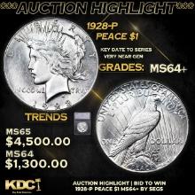 ***Auction Highlight*** 1928-p Peace Dollar 1 Graded ms64+ By SEGS (fc)