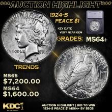 ***Auction Highlight*** 1924-s Peace Dollar 1 Graded ms64+ BY SEGS (fc)