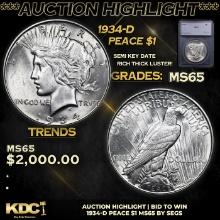 ***Auction Highlight*** 1934-d Peace Dollar 1 Graded ms65 By SEGS (fc)