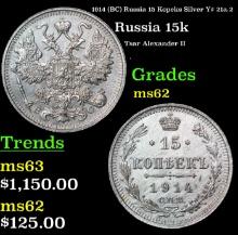 1914 (BC) Russia 15 Kopeks Silver Y# 21a.2 Grades Select Unc