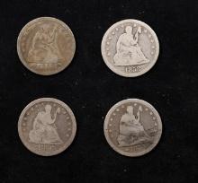 Lot Of Four Coins. 1853, 1856, 1858, 1873,  Seated Liberty Quarter 25c