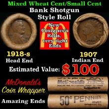 Small Cent Mixed Roll Orig Brandt McDonalds Wrapper, 1918-s Lincoln Wheat end, 1907 Indian other end