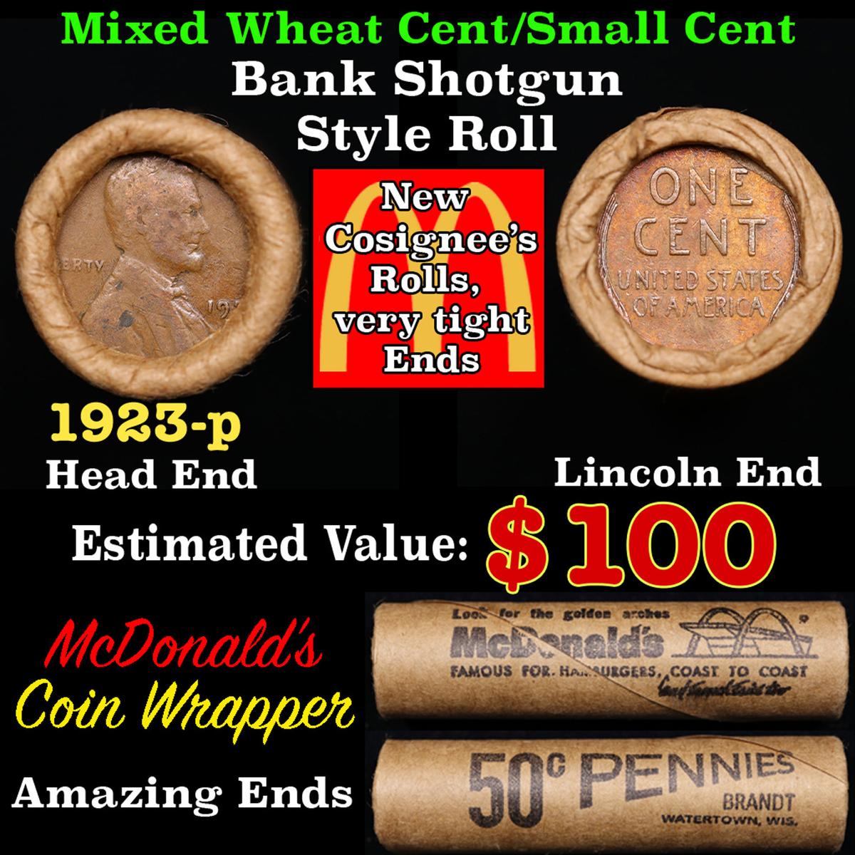 Lincoln Wheat Cent 1c Mixed Roll Orig Brandt McDonalds Wrapper, 1923-p end, Wheat other end