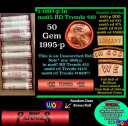 THIS AUCTION ONLY! BU Shotgun Lincoln 1c roll, 1995-p 50 pcs Plus one bonus random date BU roll! Ban