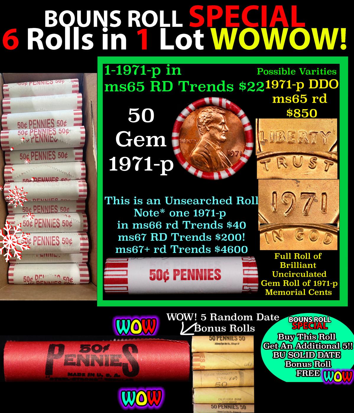 THIS AUCTION ONLY! BU Shotgun Lincoln 1c roll, 1971-p 50 pcs Plus FIVE bonus random date BU roll! Ba