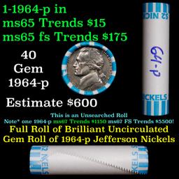 BU Shotgun Jefferson 5c roll, 1964-p 40 pcs Bank $2 Nickel Wrapper