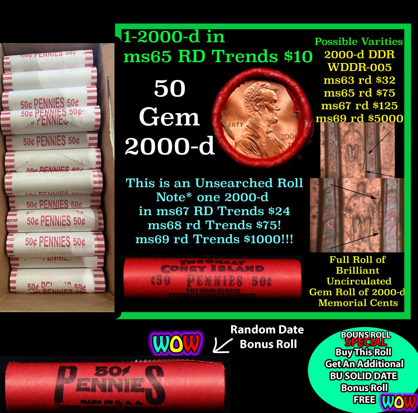 THIS AUCTION ONLY! BU Shotgun Lincoln 1c roll, 2000-d 50 pcs Plus one bonus random date BU roll! Ban