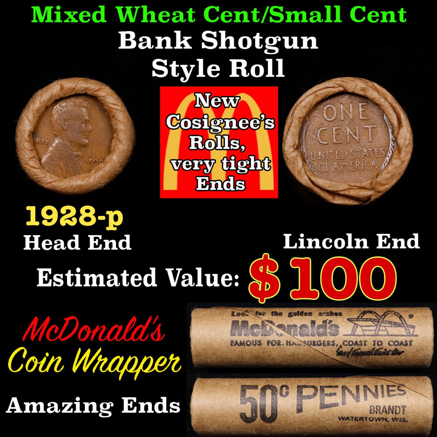 Lincoln Wheat Cent 1c Mixed Roll Orig Brandt McDonalds Wrapper, 1928-p end, Wheat other end