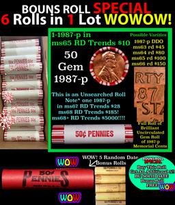 THIS AUCTION ONLY! BU Shotgun Lincoln 1c roll, 1987-p 50 pcs Plus FIVE bonus random date BU roll! Ba
