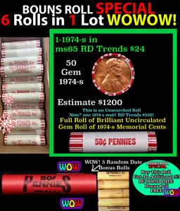 THIS AUCTION ONLY! BU Shotgun Lincoln 1c roll, 1974-s 50 pcs Plus FIVE bonus random date BU roll! Ba