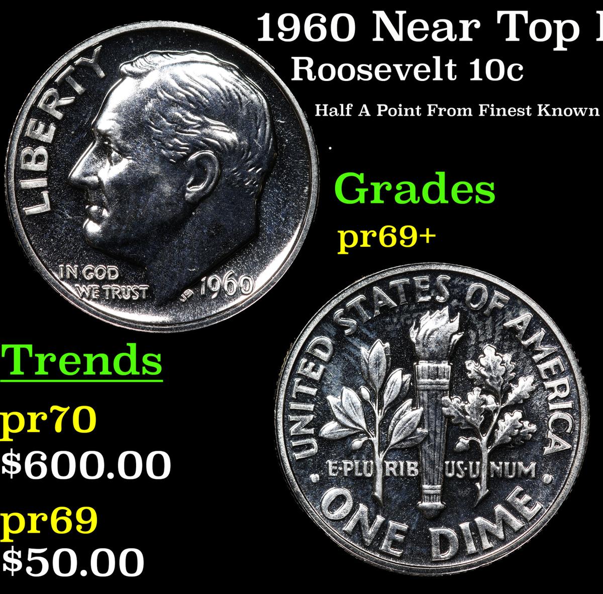 Proof 1960 Roosevelt Dime Near Top Pop! 10c Graded pr69+ BY SEGS