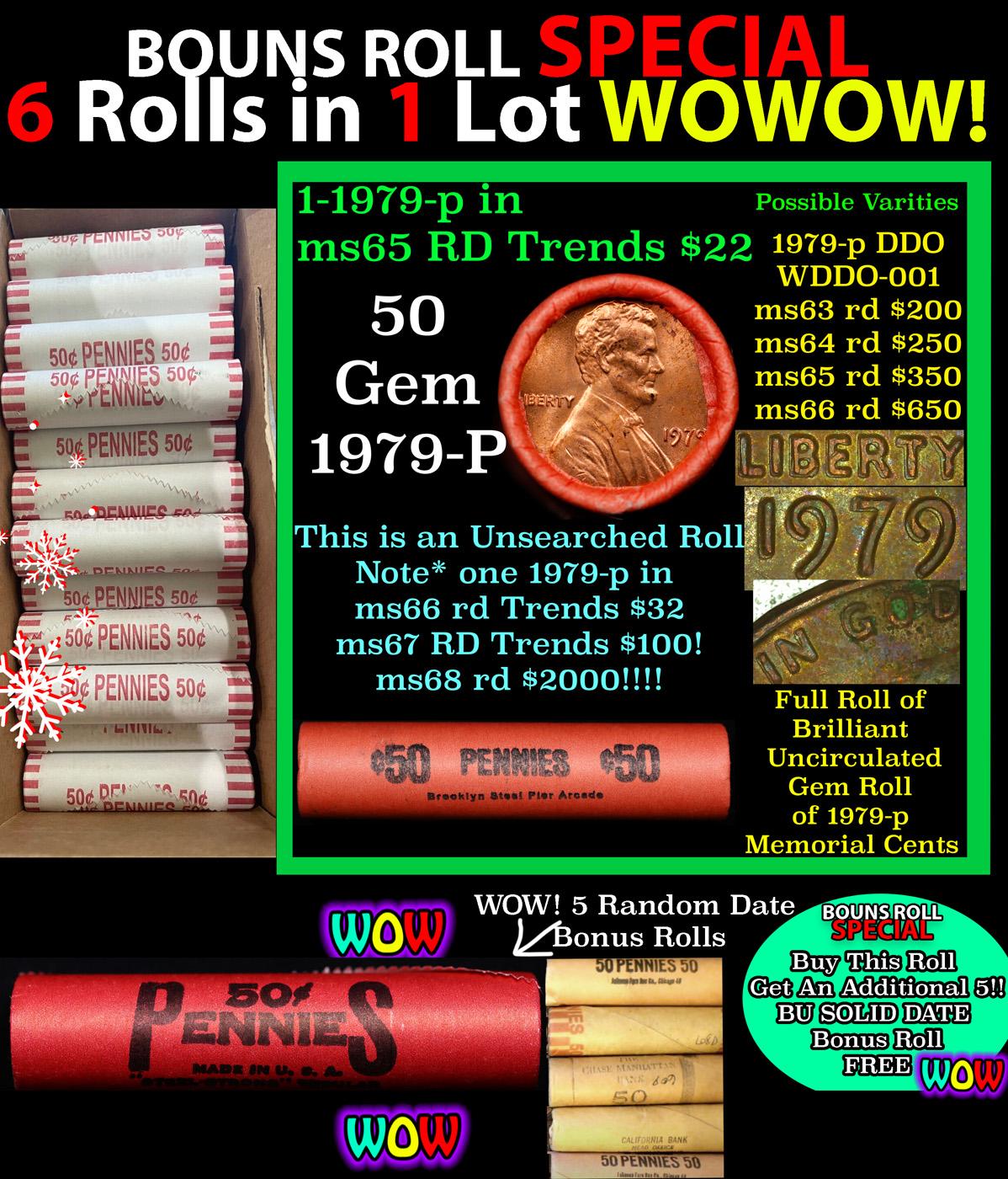 THIS AUCTION ONLY! BU Shotgun Lincoln 1c roll, 1979-p 50 pcs Plus FIVE bonus random date BU roll! Ba