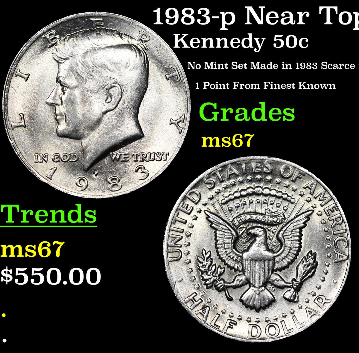 1983-p Kennedy Half Dollar Near Top Pop! 50c Graded ms67 BY SEGS