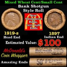 Small Cent 1c Mixed Roll Orig Brandt McDonalds Wrapper, 1919-s Wheat end, 1897 Indian other end