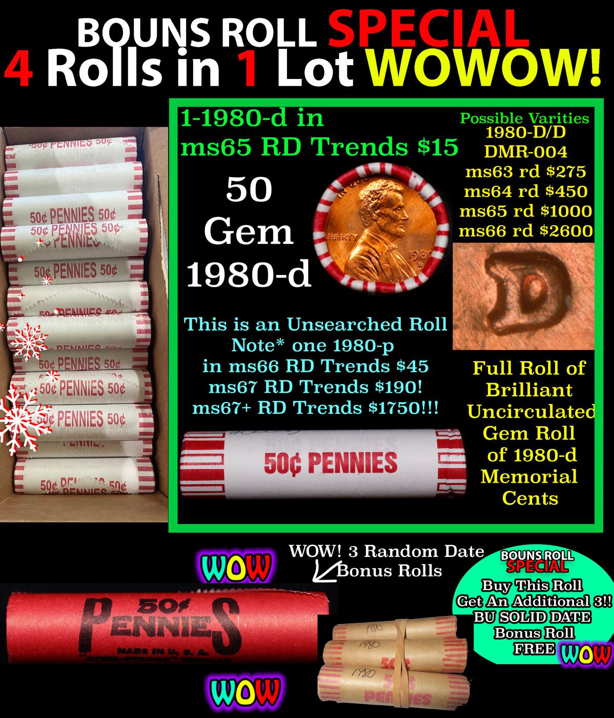 THIS AUCTION ONLY! BU Shotgun Lincoln 1c roll, 1980-d 50 pcs Plus THREE bonus random date BU roll! B