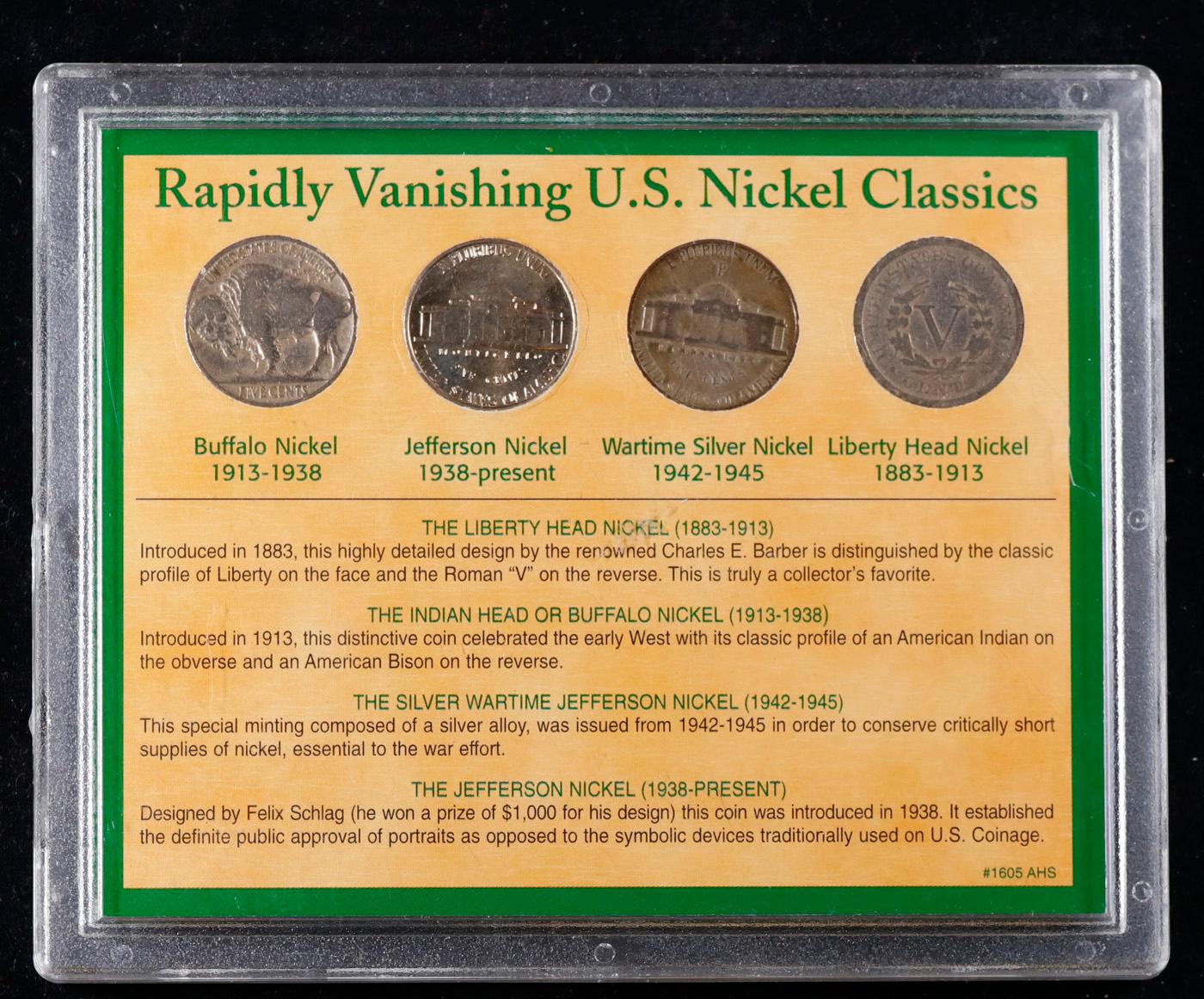 American Nickels of the 20th Century Four Nickel Set, Buffalo, Liberty, Jefferson, Silver Wartime