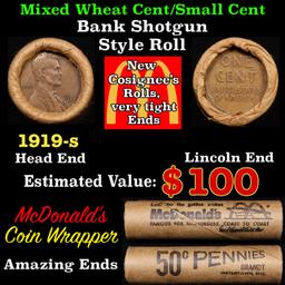 Mixed small cents 1c orig shotgun roll, 1919-s Lincoln Cent,wheat Cent other end, McDonalds Brandt W