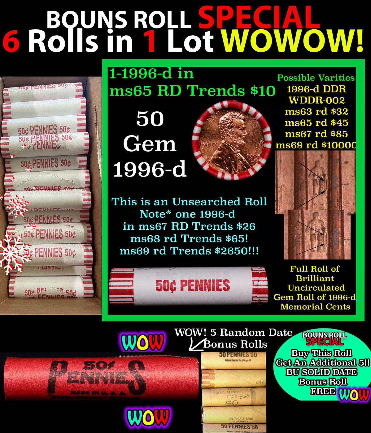 THIS AUCTION ONLY! BU Shotgun Lincoln 1c roll, 1996-d 50 pcs Plus FIVE bonus random date BU roll! Ba