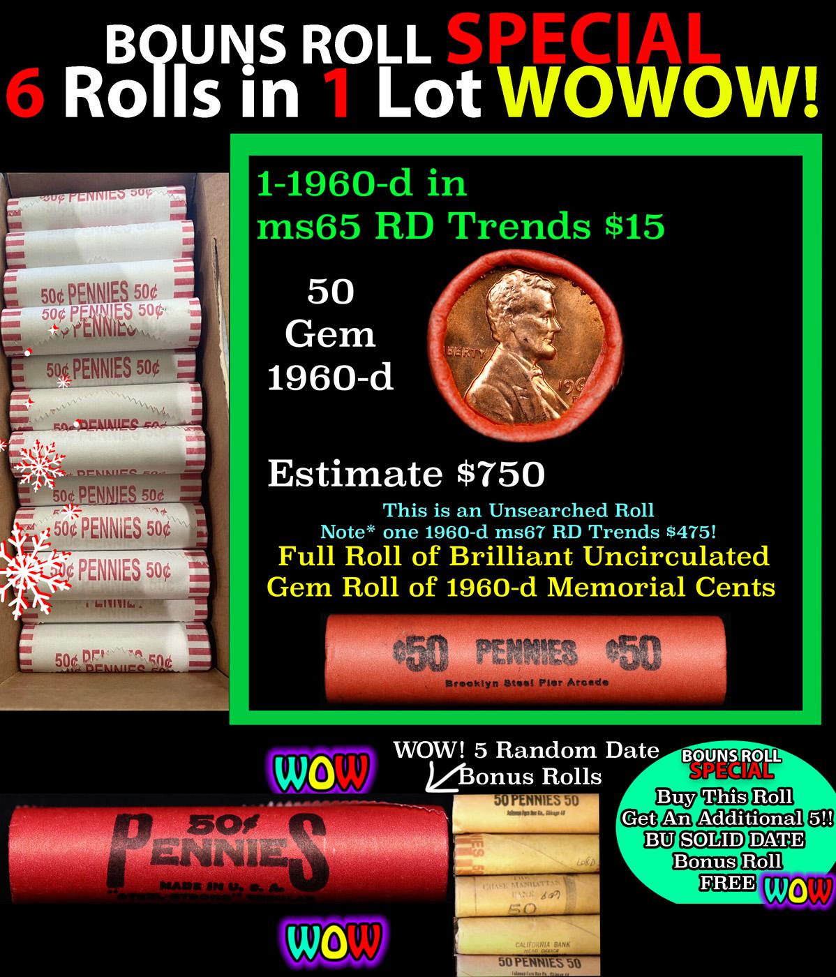 THIS AUCTION ONLY! BU Shotgun Lincoln 1c roll, 1960-d 50 pcs Plus FIVE bonus random date BU roll! Ba