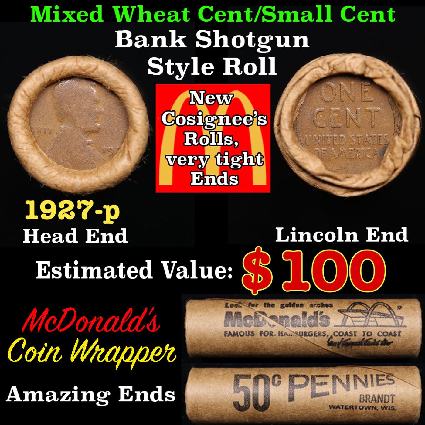 Lincoln Wheat Cent 1c Mixed Roll Orig Brandt McDonalds Wrapper, 1927-p end, Wheat other end