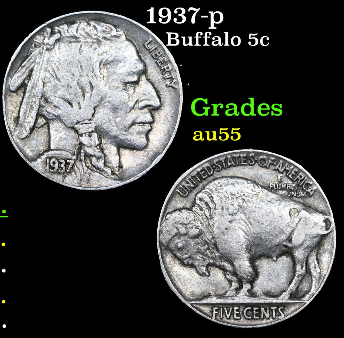 1937-p Buffalo Nickel 5c Grades Choice AU