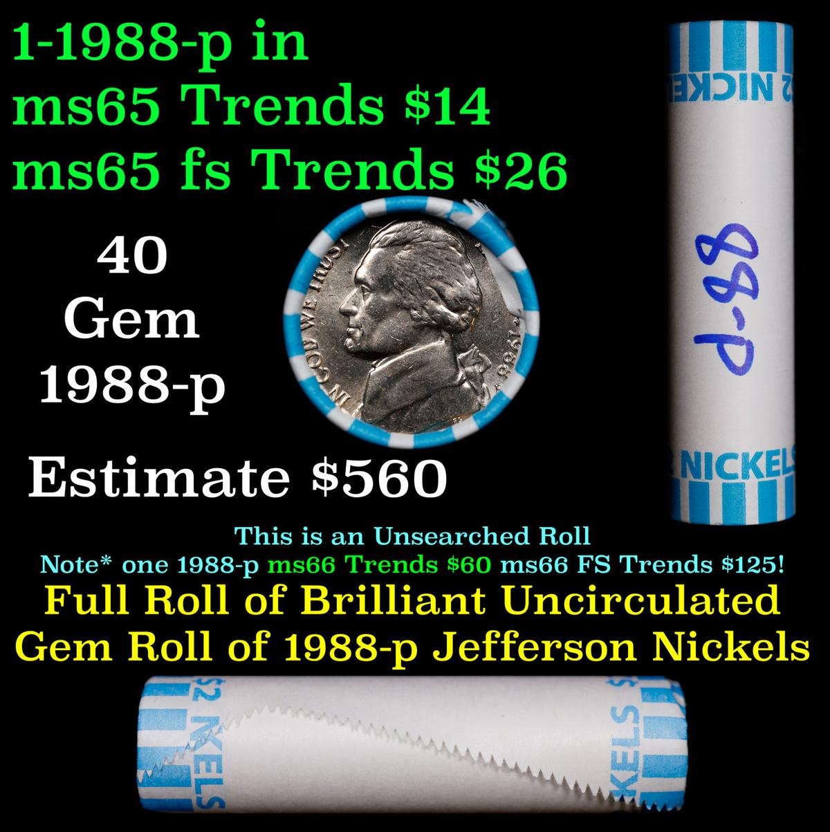 BU Shotgun Jefferson 5c roll, 1988-p 40 pcs Bank $2 Nickel Wrapper