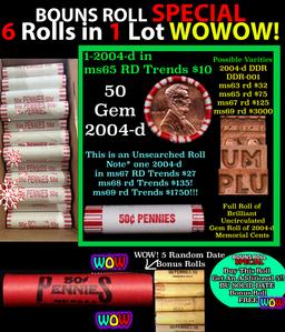 THIS AUCTION ONLY! BU Shotgun Lincoln 1c roll, 2004-d 50 pcs Plus FIVE bonus random date BU roll! Ba