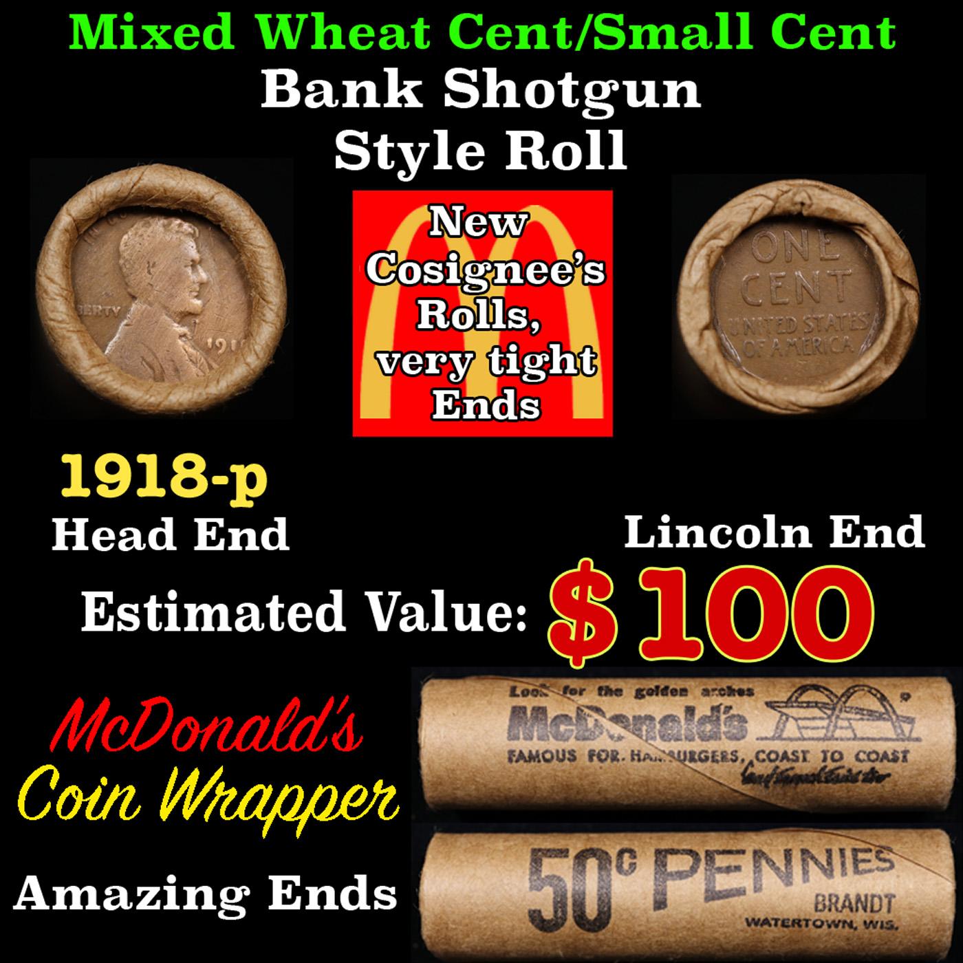 Lincoln Wheat Cent 1c Mixed Roll Orig Brandt McDonalds Wrapper, 1918-p end, Wheat other end