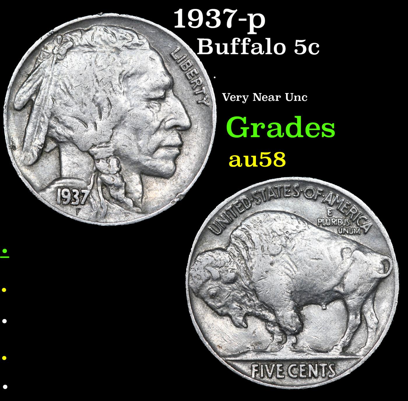 1937-p Buffalo Nickel 5c Grades Choice AU/BU Slider