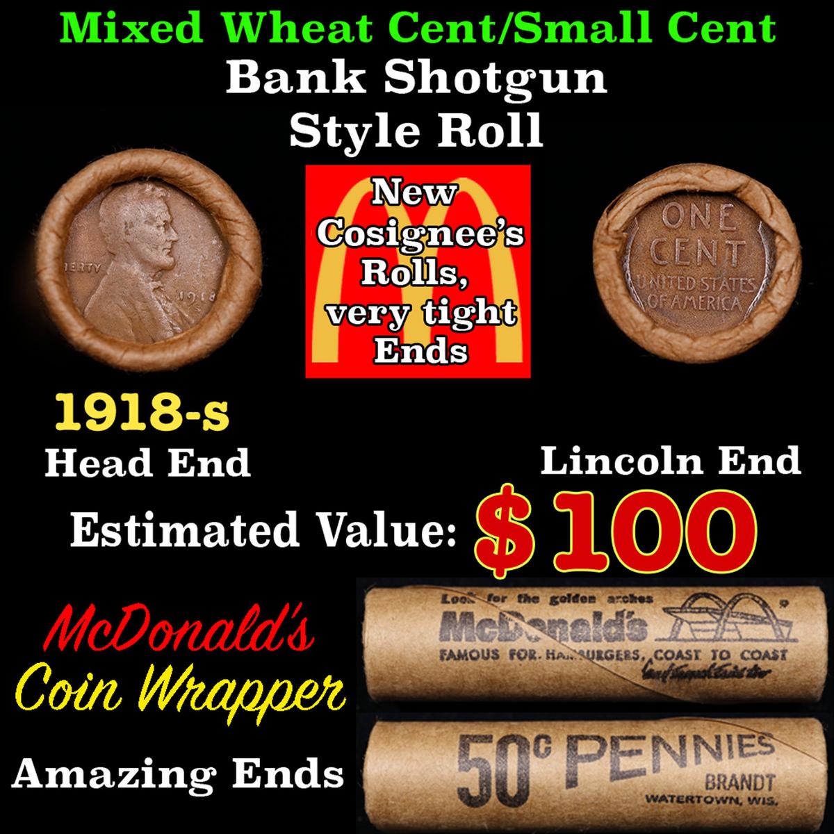 Lincoln Wheat Cent 1c Mixed Roll Orig Brandt McDonalds Wrapper, 1918-s end, Wheat other end