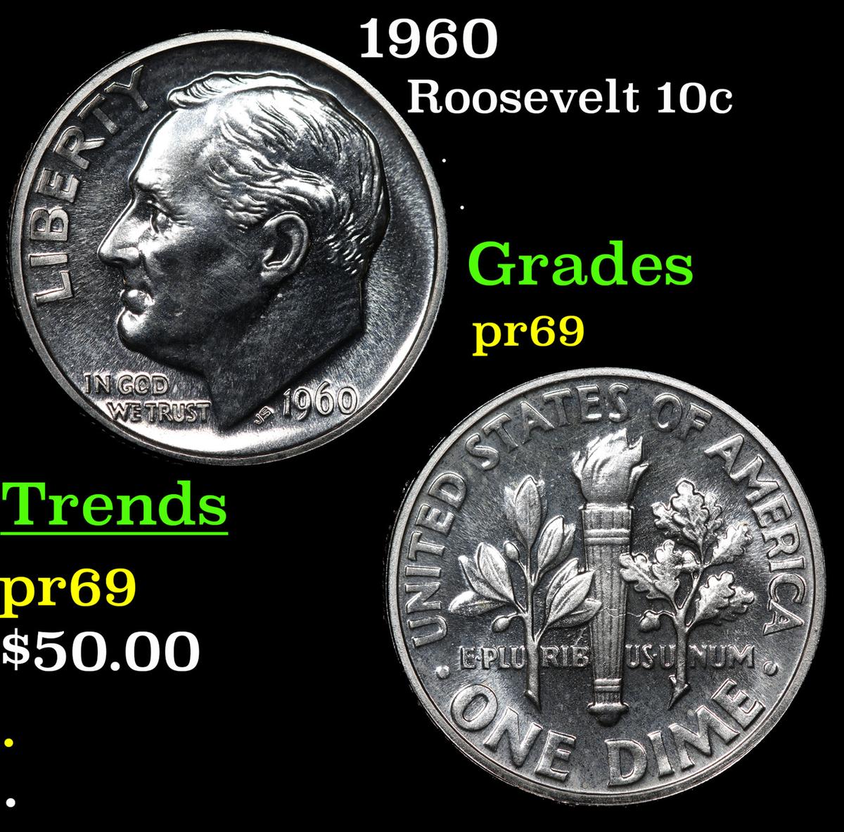 Proof 1960 Roosevelt Dime 10c Grades GEM++ Proof