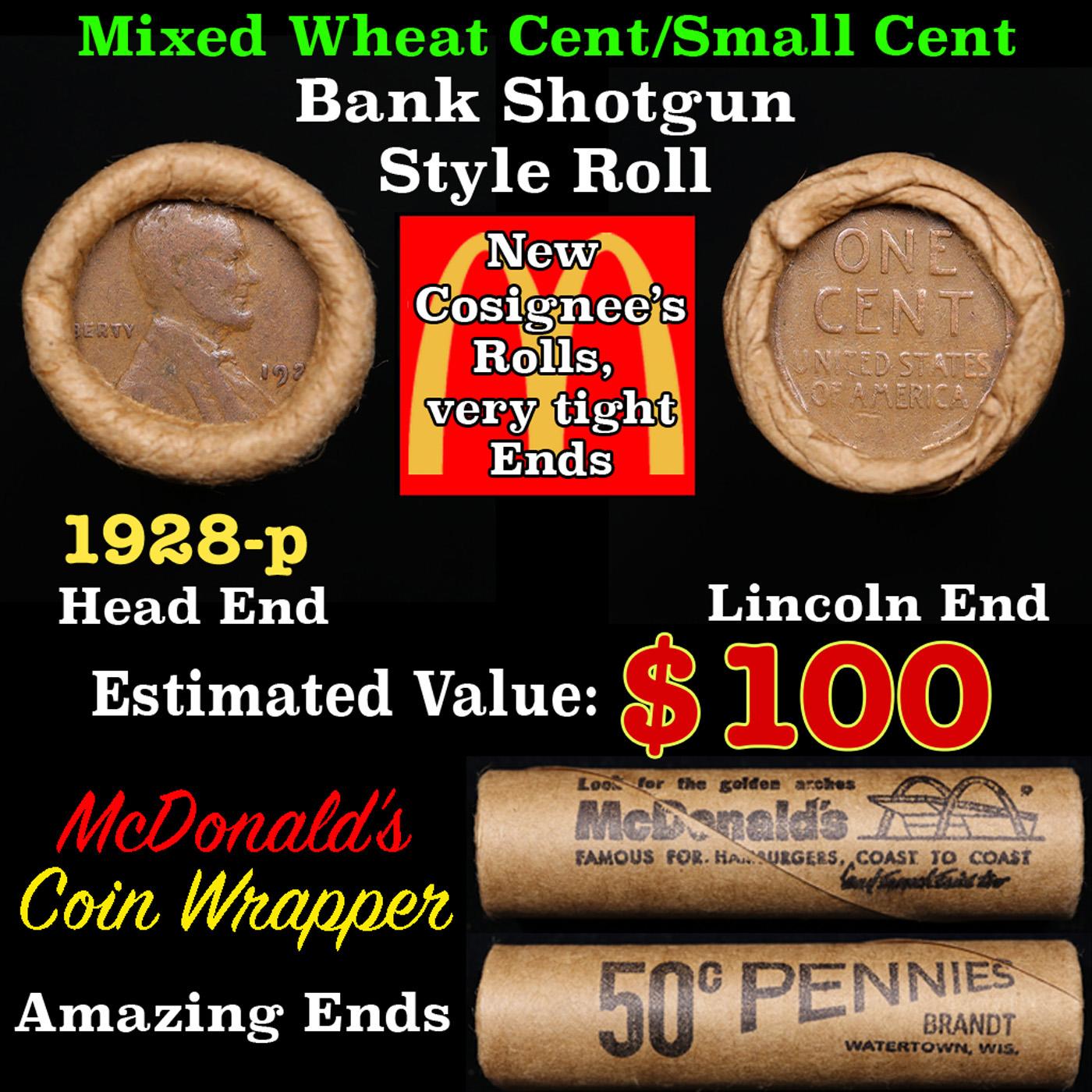 Lincoln Wheat Cent 1c Mixed Roll Orig Brandt McDonalds Wrapper, 1928-p end, Wheat other end