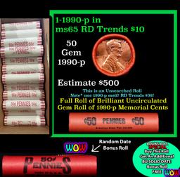 THIS AUCTION ONLY! BU Shotgun Lincoln 1c roll, 1990-p 50 pcs Plus one bonus random date BU roll! Ban