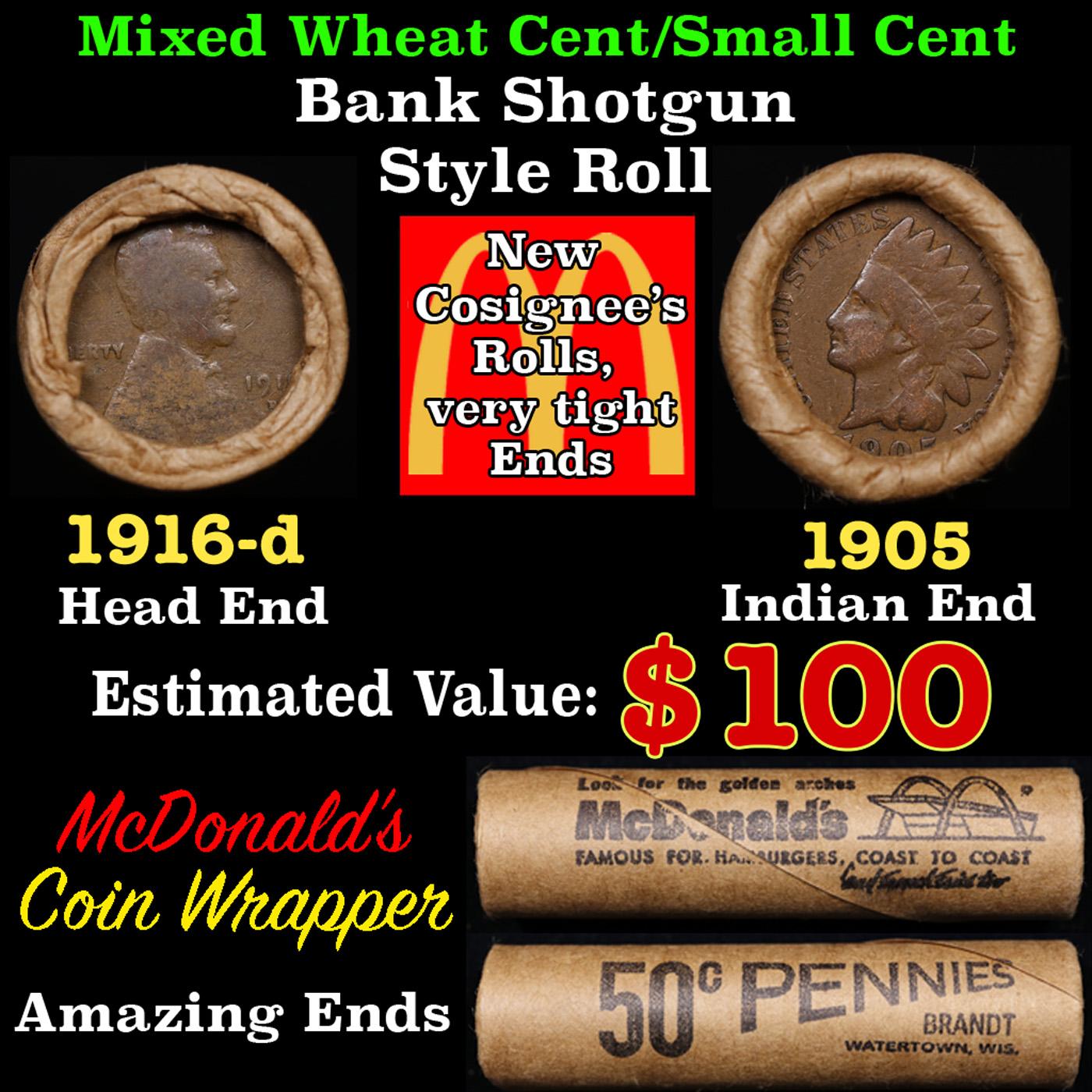 Lincoln Wheat Cent 1c Mixed Roll Orig Brandt McDonalds Wrapper, 1916-d end, 1905 Indian other end