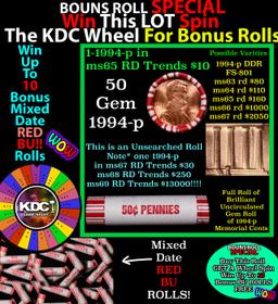 1-10 FREE BU RED Penny rolls with win of this 1994-p SOLID RED BU Lincoln 1c roll incredibly FUN whe