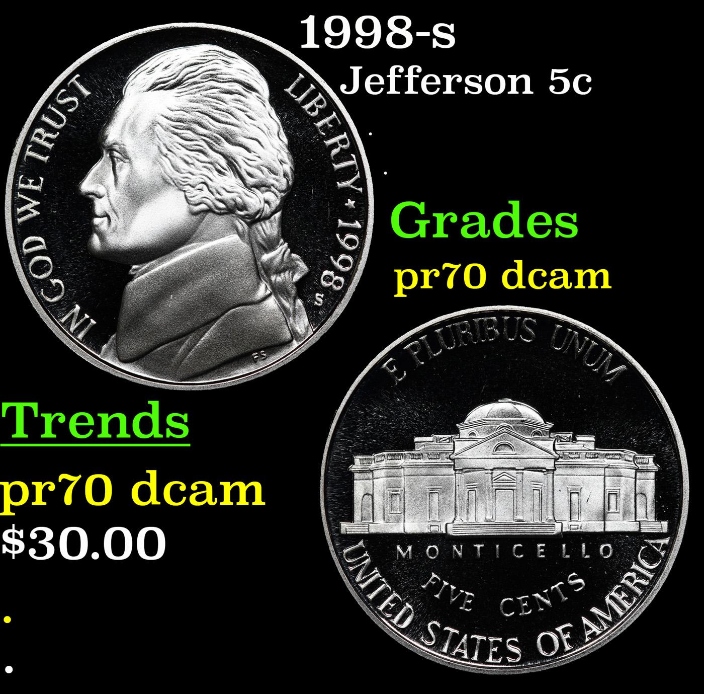 Proof 1998-s Jefferson Nickel 5c Grades GEM++ Proof Deep Cameo