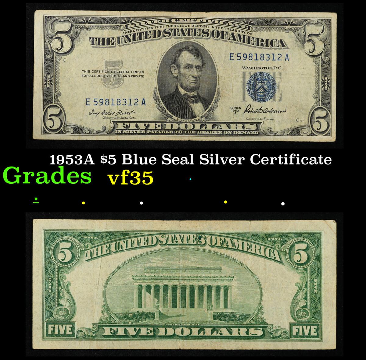 1953A $5 Blue Seal Silver Certificate Grades vf++