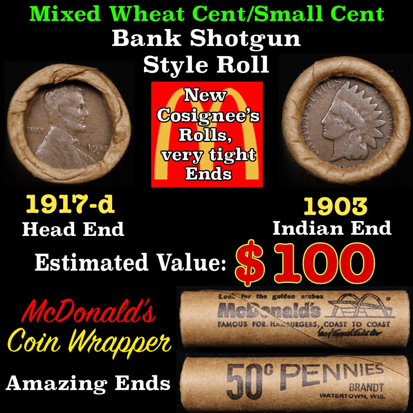 Lincoln Wheat Cent 1c Mixed Roll Orig Brandt McDonalds Wrapper, 1917-d end, 1903 Indian other end