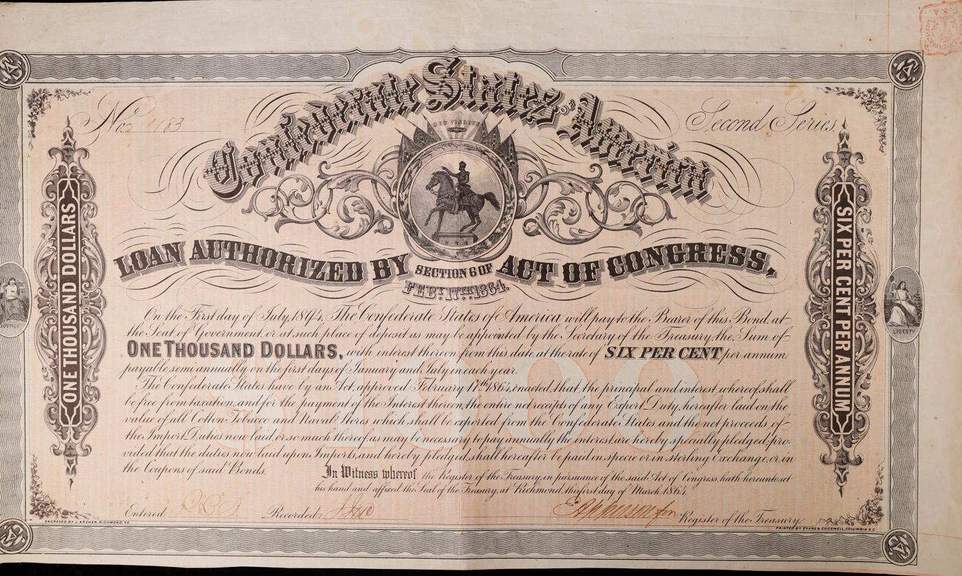 1864 Confederate States $1000 Civil War Loan Bond Grades