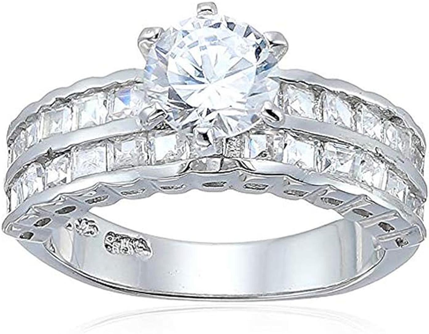 Decadence Sterling SIlver Round Cut Engagement Ring With Princess Cut Double Band Size 6