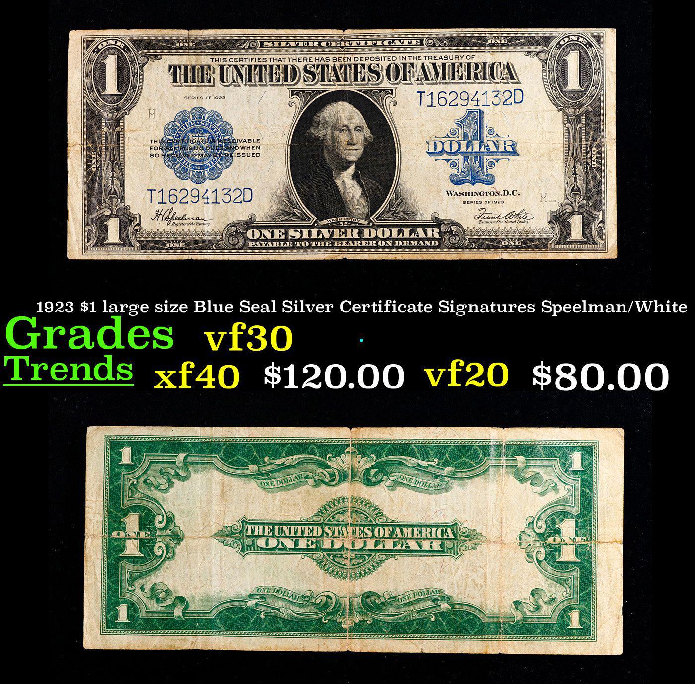 1923 $1 large size Blue Seal Silver Certificate Grades vf++ Signatures Speelman/White